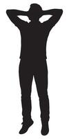 Silhouette of man standing with hands behind head for stress relief and relaxation black on white background vector