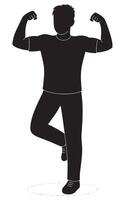 Silhouette of strong man flexing biceps and balancing on one leg for fitness and health concept vector