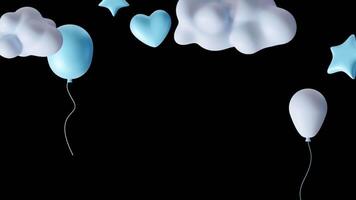 Cute floating blue balloons, hearts, stars and clouds on transparent background. Ideal for baby showers, birthday celebrations, and men's day themes. Header, animated overlay with alpha channel. video