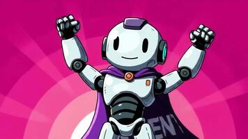 A Robot Character With A Celebrating Pose On A Pink Background In Pixel Art video