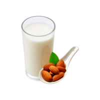 Glass of milk with almond nut spoon on transparent background png