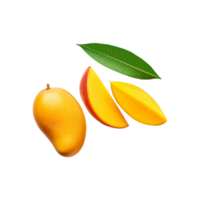 Whole and sliced ripe mango with green leaf on transparent background png