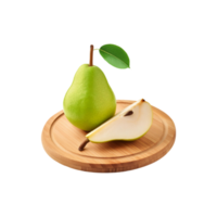 Whole and sliced pear fruit in a chopping board on transparent background png