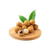 Whole and sliced longan fruit in a chopping board on transparent background png