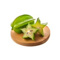 Whole and sliced starfruit in a chopping board on transparent background png