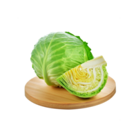 Whole and sliced cabbage vegetable in a chopping board on transparent background png