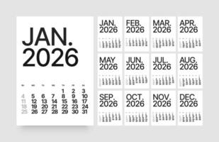 Monthly calendar layout for 2026 year. Vertical diary planner for 2026 year. Week Starts on Sunday. vector