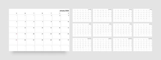 Monthly calendar layout for 2026 year. Minimalistic Diary planner for 2026 year. Week Starts on Sunday. vector