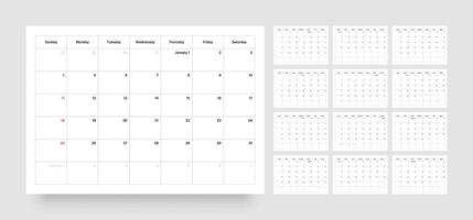 Monthly calendar layout for 2026 year. Minimalistic Diary planner for 2026 year. Week Starts on Sunday. Calendar Set for 2026 year. vector
