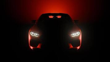 3D Rendered Red Super car Cinematic front view in dark with red background, Red sport car headlights blinking in dark with black and red background, Vintage super car front view video