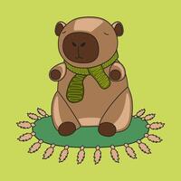 Capybara is sitting on the carpet. Isolated on green background. Capybara with green scarf. Cute and joyful greeting card design for birthday celebrations, invitations, and digital prints vector