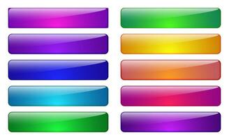 3d rectangle web glass button in blue, pink, purple, green, orange color. Glossy banner frame search bar, rectangular label sign for website. vector
