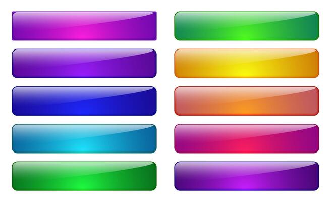 3d rectangle web glass button in blue, pink, purple, green, orange color. Glossy banner frame search bar, rectangular label sign for website.