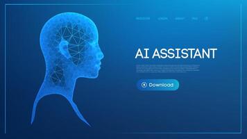 AI Robot Artificial Intelligence Bot. Digital Technology Tech Background. Abstract Futuristic Face Neon Hologram Podium Wireframe Concept. Cyber Software Security Analytics Network Business Design. vector
