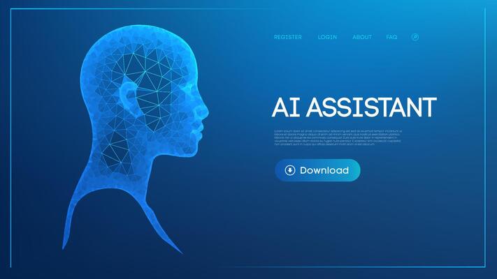 AI Robot Artificial Intelligence Bot. Digital Technology Tech Background. Abstract Futuristic Face Neon Hologram Podium Wireframe Concept. Cyber Software Security Analytics Network Business Design.