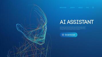 AI Robot Background Tech Bot Technology Chatbot Wireframe Illustration. Futuristic digital human face rendering on dark blue gradient. Download AI assistant software interface design. vector