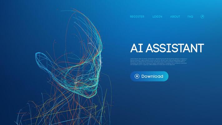 AI Robot Background Tech Bot Technology Chatbot Wireframe Illustration. Futuristic digital human face rendering on dark blue gradient. Download AI assistant software interface design.