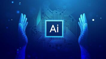 Futuristic digital ai hand holding AI microchip with circuit board connections, artificial intelligence and machine learning, blue technology background vector
