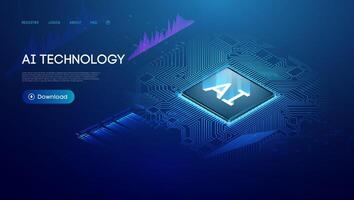 Futuristic Isometric 3D AI Chip Circuit Board BG. Digital Abstract Design with Blue Quantum Processor, Smart Semiconductor Tech, Cloud Data Lines, and Connected Computer Network. vector