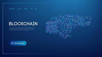 Futuristic blockchain website interface with abstract digital blocks, decentralized data structure, and modern UI design on a dark background, representing cryptocurrency, secure transactions, and vector
