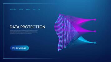 Futuristic data protection website interface with abstract digital security visualization, glowing network connections, and modern UI design on a dark background, representing cybersecurity vector