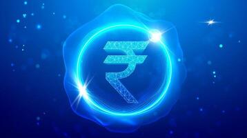 Digital rupee technology interface with glowing Indian currency symbol, futuristic financial background, fintech network connections, abstract neon blue circuit design vector