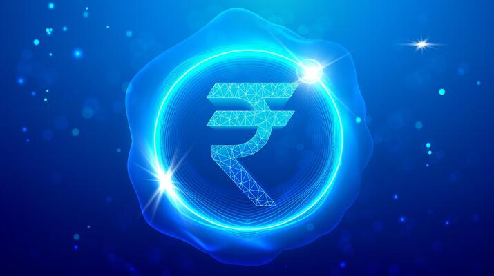 Digital rupee technology interface with glowing Indian currency symbol, futuristic financial background, fintech network connections, abstract neon blue circuit design
