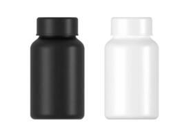 Plastic pill bottle mockup with screw caps isolated on white background, blank supplement container in black and white, product packaging design, vitamin jar with empty label space. vector