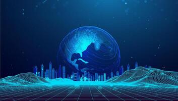Background World Tech Network Globe Map Global Abstract Connect Future. earth design highlights digital data flow. Futuristic AI hologram energy innovation. vector