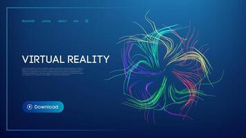 Futuristic virtual reality website interface with glowing abstract digital waves, neon color lines, and a modern UI design on a dark background, representing immersive technology, augmented reality vector