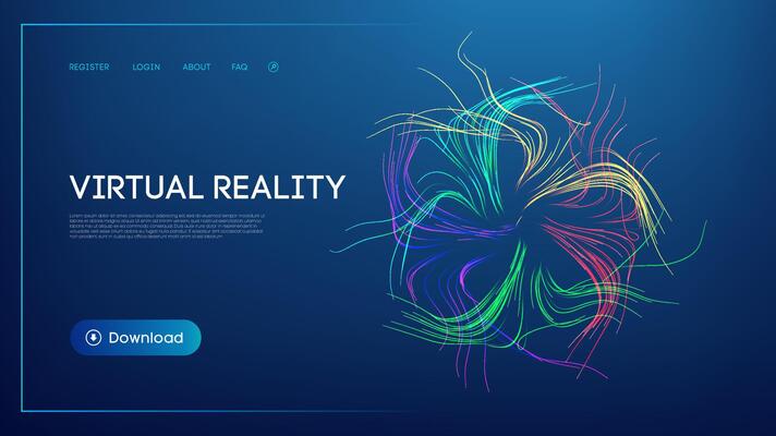 Futuristic virtual reality website interface with glowing abstract digital waves, neon color lines, and a modern UI design on a dark background, representing immersive technology, augmented reality