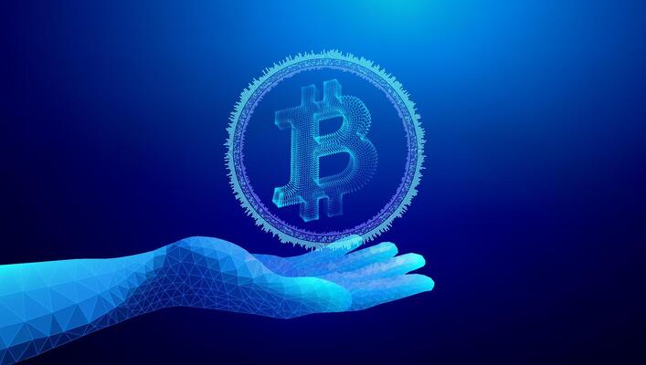 Crypto safe lock digital data cyber technology bank protect isometric concept. Digital polygonal hand presenting glowing Bitcoin symbol in futuristic virtual space on blue background