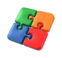 Colorful 3D puzzle pieces in green, orange, blue, and red connected at an angle, isolated on a white background. Glossy jigsaw pieces symbolizing teamwork, problem solving, unity, and collaboration. vector