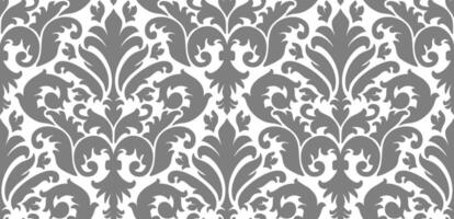 Seamless damask pattern with repeating floral motifs in grayscale for sophisticated designs. vector