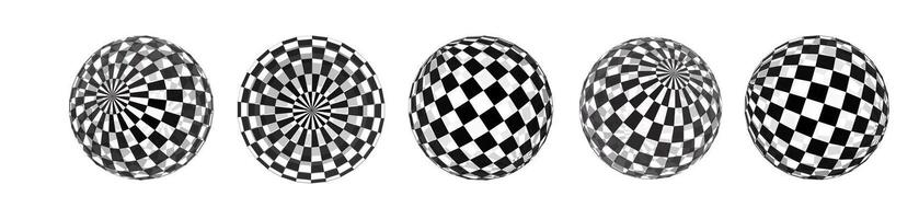 3d checkered sphere globe graphics shape set. Circle round ball mesh, white grid check, black, abstract chess orb isolated. vector