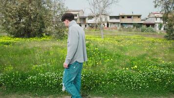 Relaxing Walk For A Man In The Nature In Search Of Flowers video