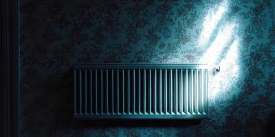 A radiator in a dark room with a light shining on it photo