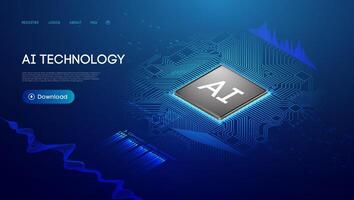 Futuristic 3D isometric PCB with AI chips BG. Blue Quantum Processor digital abstract design. Cloud data lines of smart semiconductor technology. Network of connected computers. vector