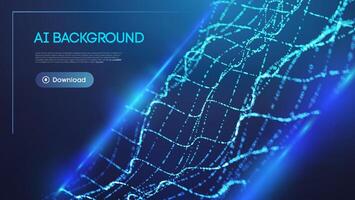 Futuristic AI background with glowing blue digital wave, abstract technology grid, and data visualization on dark space. Artificial intelligence network and cyber technology concept. vector