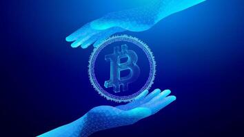Bitcoin Cryptocurrency Blockchain Digital Finance Currency Crypto Background. Futuristic polygonal hands exchanging digital Bitcoin symbol in glowing virtual space on blue background. vector