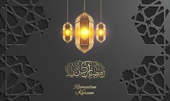 Elegant Ramadan Kareem greeting card with glowing Arabic lanterns, golden calligraphy, and intricate geometric Islamic patterns on a dark background, symbolizing spirituality vector