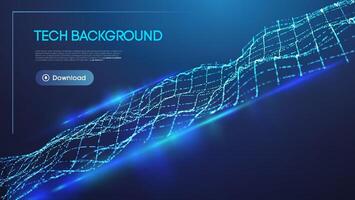 Futuristic tech background with glowing blue digital wave, abstract technology grid, and cyber network visualization on dark space. High-tech artificial intelligence and big data concept. vector