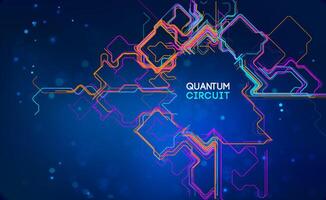 Quantum circuit concept with futuristic neon lines on dark blue background, advanced digital network, artificial intelligence, cyber connectivity, and abstract high tech technology design vector