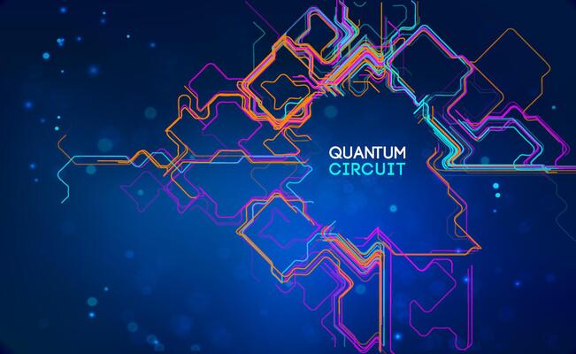 Quantum circuit concept with futuristic neon lines on dark blue background, advanced digital network, artificial intelligence, cyber connectivity, and abstract high tech technology design