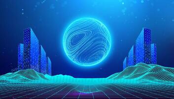 Metaverse city building future tech neon background. Smart technology abstract cyberpunk skyline with 3D hologram grid perspective. Virtual VR network for digital urban innovation. vector
