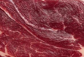 Detailed close up of fresh raw red meat texture with white fat marbling. High quality beef or steak for culinary use photo