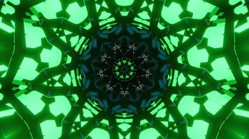 Circular design with green and black center and black background. Kaleidoscope VJ loop video