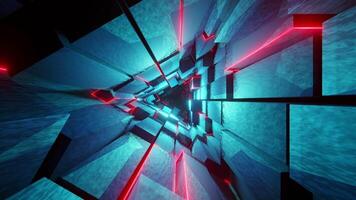 Abstract triangular tunnel of red neon and blue light. Looped animation video