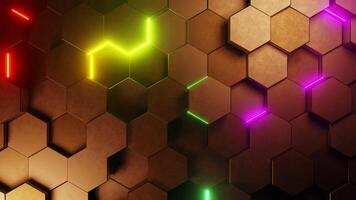 Colorful background with hexagonal shapes and neon lights. Loop animation video