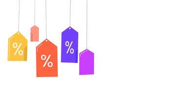 Looping animation of colorful discount labels swaying on a string, with percentage signs. Ideal for sales promotions or marketing content. video